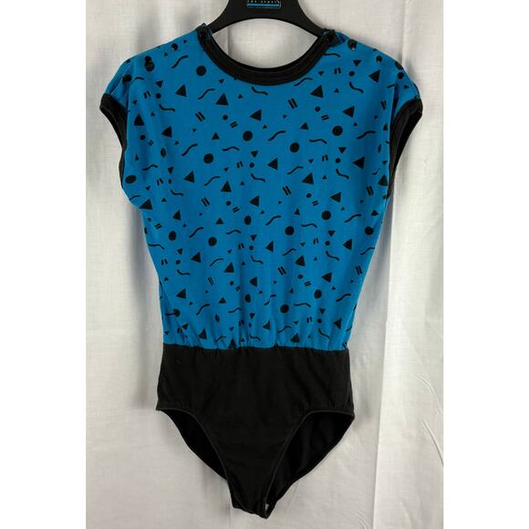 Vintage 80s Jacques Moret Cap Sleeve Bodysuit Leotard-Black Blue Large - Picture 1 of 6